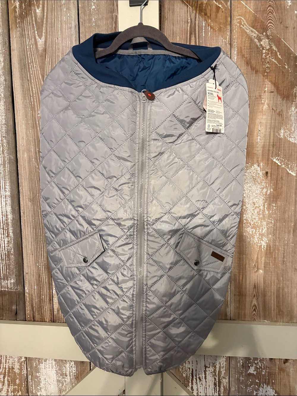 Quilted Light Gray Dog Coat with Navy Lining. Reddit’s. Brand new with tags.